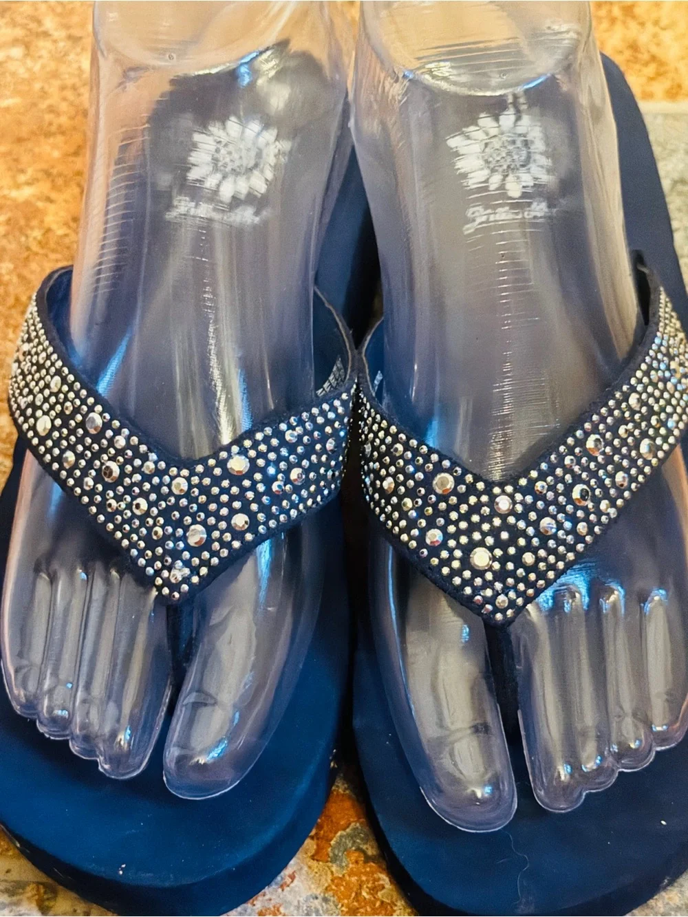 Like New Yellow Box Navy Blue Wedge Rhinestone Sandals! - Picture 6 of 15